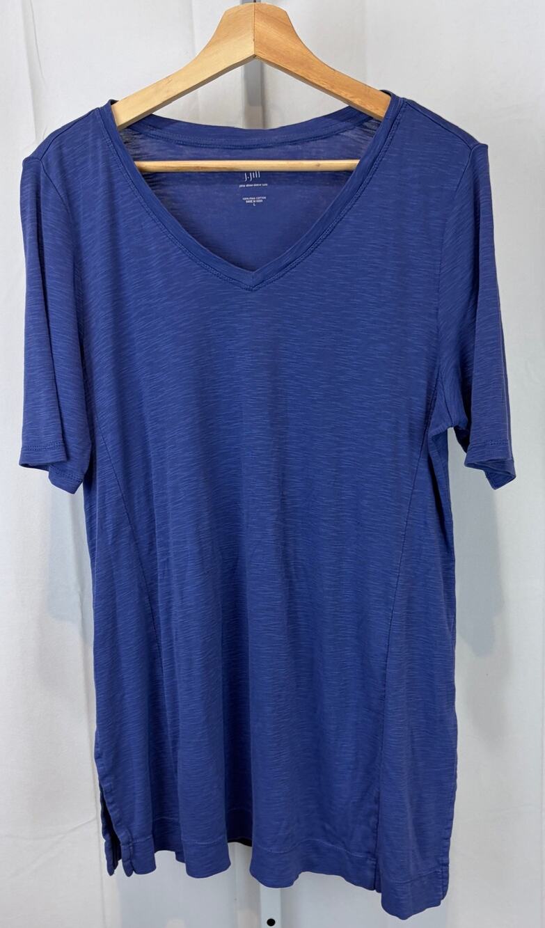 J. JILL Pima Elbow Sleeve Tunic Top V-Neck Slub Cotton Shirt Blue Size L